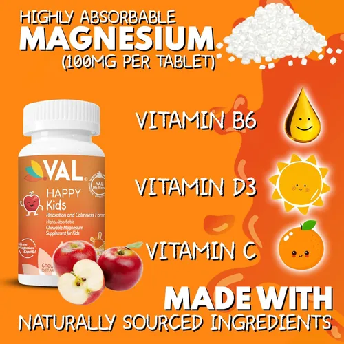Miniatura 9 de VAL Magnesio para Niños Magnesio de Alta Absorción para Calma, Relajación y Concentración Glicinato de Mg, Citrato y Taurato con Vitamina B6