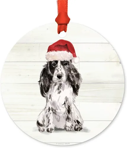 Miniatura 21 de Andaz Press Adorno de Navidad de metal personalizado para perro, perro y mascota, cocker spaniel con sombrero de Papá Noel, 1 paquete, incluye cinta