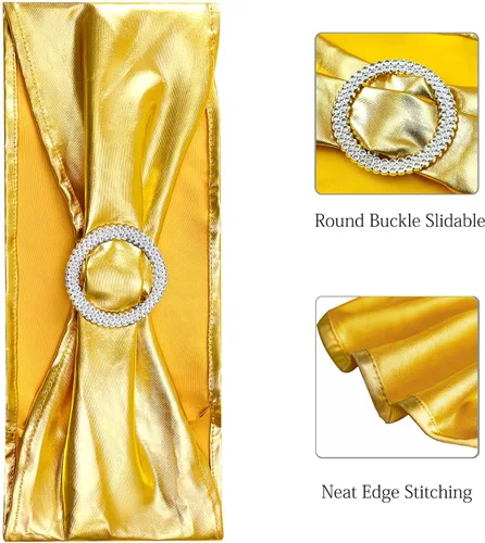 Miniatura 4 de Bandas para silla de elastano metálico dorado para boda, paquete de 100 bandas para silla con hebilla, lazos dorados para sillas doradas, lazos