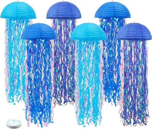 Miniatura 8 de Decoraciones de cumpleaños de sirena, linternas de papel de medusas rosadas lavanda azul, escamas de sirena colgantes en forma de linterna
