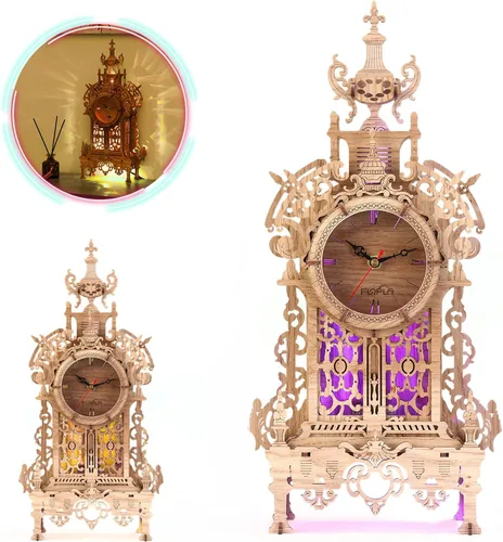 Miniatura 2 de FUNPOLA Rompecabezas de madera 3D Reloj de torre LED, rompecabezas 3D edificio de escritorio, modelo de bloques de construcción arquitectónicos