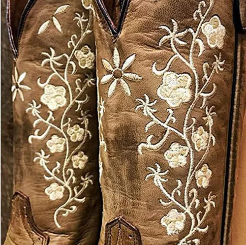 Miniatura 3 de SO SIMPOK Botas vaqueras retro occidentales para mujer, con diseño de mariposas bordadas de media pantorrilla, botas de tacón grueso