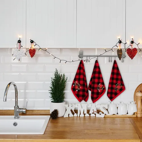 Miniatura 7 de MCEAST Paquete de 3 toallas de mano navideñas de 14 x 25 pulgadas, toallas de algodón bordadas, toallas de baño navideñas rojas y negras a cuadros