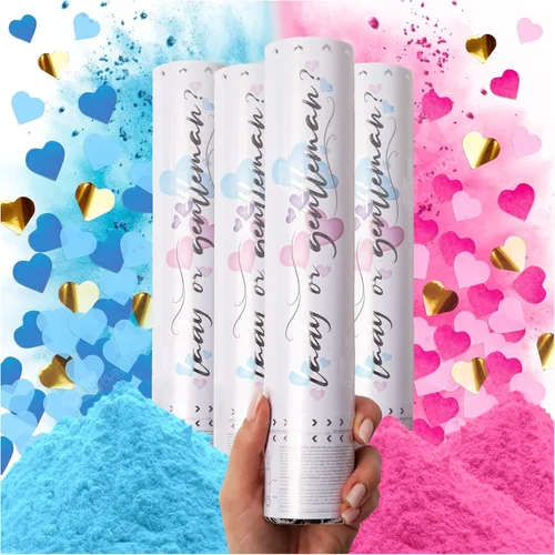 PrimePure Cañón de confeti para revelación de género, polvo biodegradable y confeti en forma de corazón, 2 rosas y 2 azules, paquete de 4 unidades,