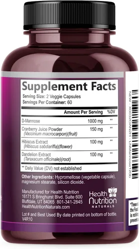 Miniatura 9 de Suplemento de D-manosa – 1,000 mg de manosa de D por porción con arándano, hibisco y diente de león – Soporte urinario natural y de acción rápida