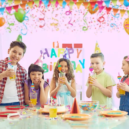 Miniatura 5 de 24 pajitas de plástico para beber para fiestas de cumpleaños, 8 diseños de Pop Fidget ideales para suministros de fiesta pop con 2 cepillos