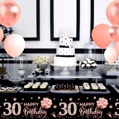 Miniatura 6 de Paquete de 3 manteles decorativos de cumpleaños dulce 16 para niñas, cubierta de mesa con temática de feliz cumpleaños dieciséis en oro rosa