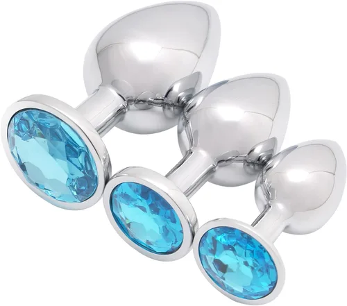 Miniatura 14 de AKStore 3 tapones anales fetiches de acero inoxidable con diseño de joyas lujosas para fantasías sexuales de bondage, tamaños grande, mediano y Azul
