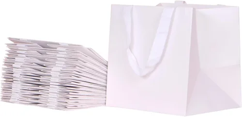 12 bolsas cuadradas de 9 x 7.9 x 9 pulgadas (7) bolsas de regalo cuadradas de tamaño mediano, blancas de fondo ancho, bolsas de papel resistentes y