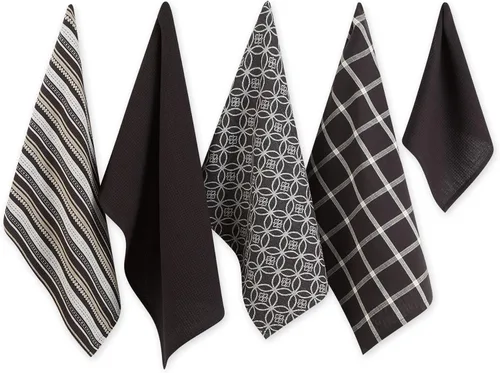 DII Juego de cocina tejido surtido, toalla de cocina, 18 x 28 pulgadas, paño de cocina, 13 x 13 pulgadas, color negro, 5 piezas