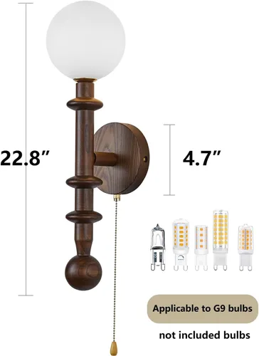 Miniatura 4 de Aplique de pared de madera, aplique de pared de globo industrial, modernas lámparas de pared para tocador de dormitorio con pantalla de globo
