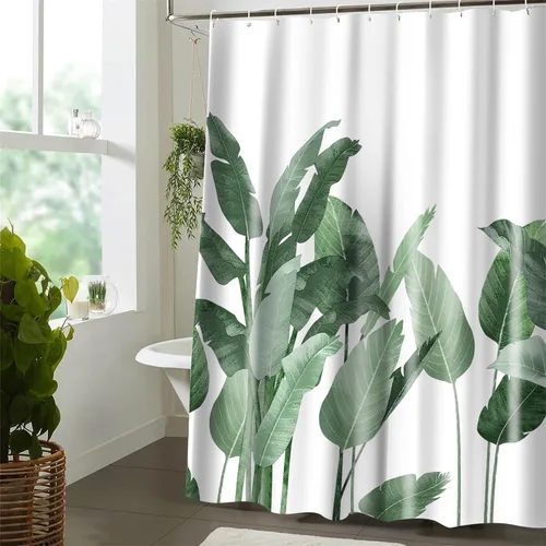 Miniatura 3 de Cortina de ducha de tela impermeable con diseño de plantas verdes, decoración de baño, hojas de plátano, palmera, con ganchos, 72 x 72 pulgadas
