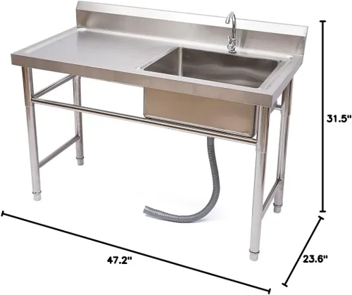 Miniatura 10 de Juego de fregadero de acero inoxidable 304 comercial con grifo para garaje, restaurante, cocina, lavandería, al aire libre, 47.2 pulgadas de ancho x