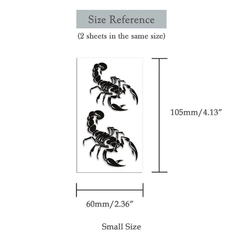 Miniatura 4 de Juego de 2 calcomanías pequeñas de tatuaje temporal – Diseño de tótem de escorpión negro aterrador de Halloween para mano, cuello, cara, muñeca