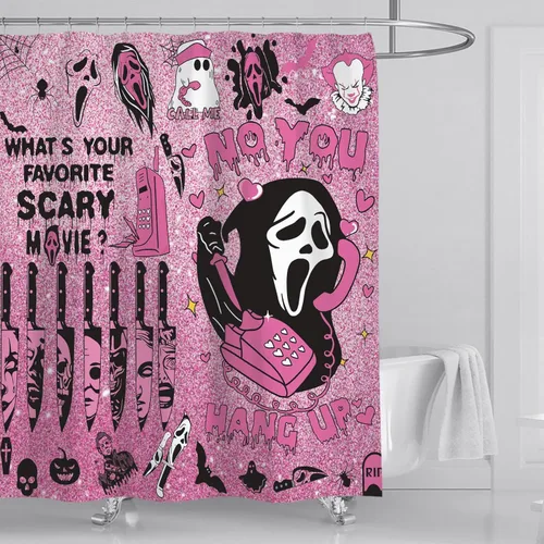 Miniatura 3 de Juego de 4 cortinas de ducha de Halloween, juego de cortina de ducha gótica rosa aterradora para decoración de baño de Halloween, con antideslizante