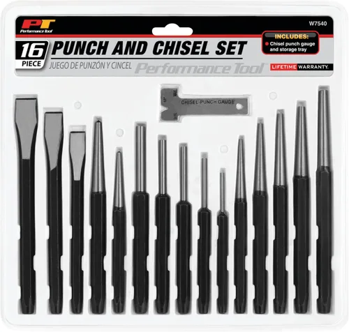 Miniatura 4 de Performance Tool W7540 Juego de 16 piezas de punzones y cinceles - Fuerte acero cromo vanadio 6150, tratado con calor y templado, con bandeja
