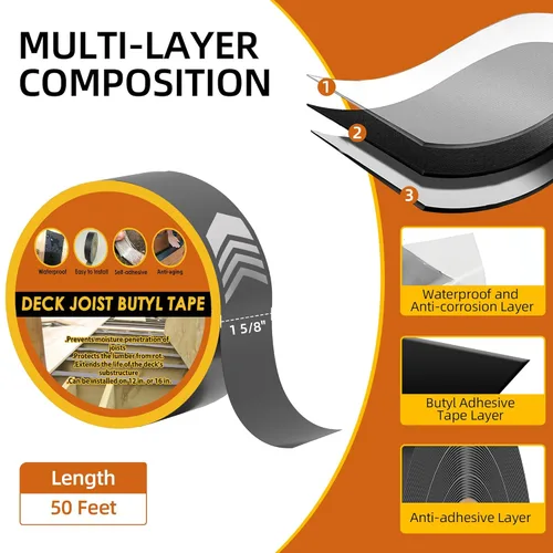 Miniatura 2 de Cinta para Viguetas de Terraza de 1-5/8" x 50', Paquete de 8 Cintas Impermeables de Butilo para Terraza, Cinta Autoadhesiva Resistente a