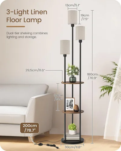 Miniatura 3 de Lámpara de pie de 180 cm con estantes, lámpara de pie moderna con 3 pantallas de lino y interruptor de pie, lámpara de pie de 3 luces, para sala