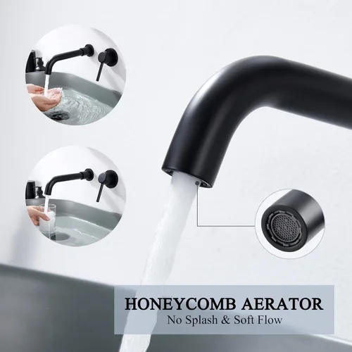 Miniatura 3 de Grifo de baño de montaje en pared, negro mate, grifo de fregadero de baño montado en la pared de una sola manija, boquilla larga giratoria de latón