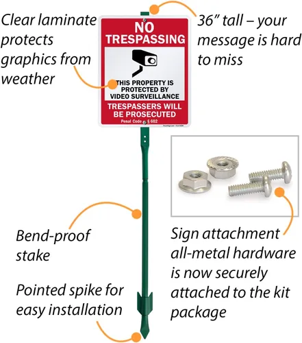 Miniatura 4 de SmartSign Letrero de 12 x 10 pulgadas, "No Trespassing - Propiedad protegida por videovigilancia, código penal § 602" con estaca de 3 pies, aluminio