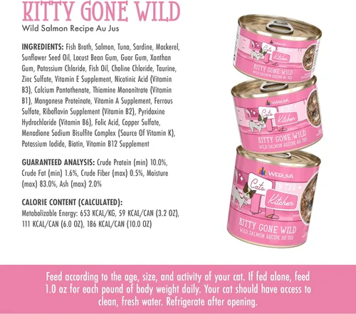 Miniatura 5 de Weruva Cats in The Kitchen, Kitty Gone Wild with Wild Salmon Au Jus - Alimento para gatos, lata de 3.2 onzas (paquete de 24)