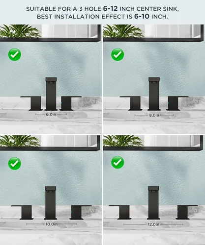 Miniatura 8 de FORIOUS Grifos de baño negros de 3 agujeros, grifo de lavabo de baño negro mate de 8 pulgadas de ancho, 2 manijas para fregadero de baño con drenaje
