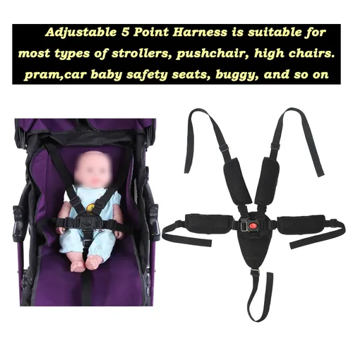 Miniatura 6 de Arnés universal de 5 puntos para bebé con 5 almohadillas, arnés ajustable correa de seguridad para bebé, cinturón de seguridad para bebé para silla