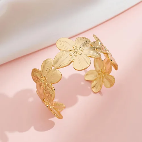 Miniatura 6 de Brazalete hueco de flor vintage dorada para mujer, pulsera abierta ajustable