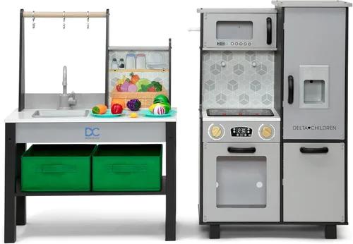 Miniatura 19 de Delta Children - Cocina de juguete Gourmet Todo en Uno de Rincón - Juego de cocina con estufa segura y sin calor con luces, horno, fregadero, Gris