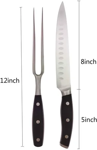 Miniatura 2 de Juego de cuchillo y tenedor para tallar – con cuchillo de trinchar de 8 pulgadas y tenedor de metal recto de 8 pulgadas, triple remache de acero