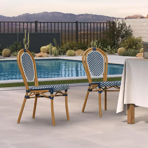 Miniatura 32 de PURPLE LEAF Juego de 1 silla de comedor al aire libre, marco de aluminio francés en acabado de bambú con ratán tejido ámbar y blanco para cocina