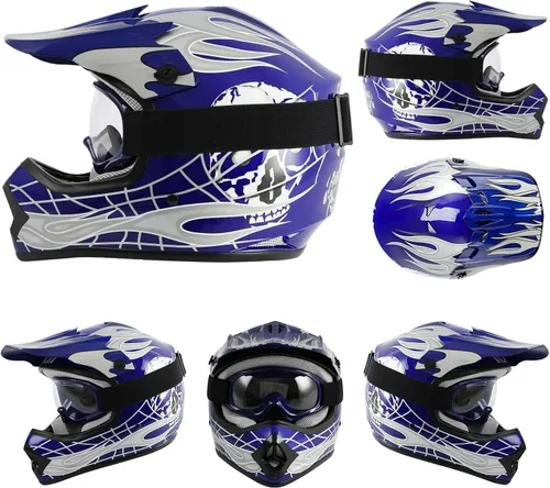 Miniatura 8 de TCT-MOTORPARTS - Casco para niños o jóvenes con lentes y guantes, aprobado por el DOT, para motocross, modelo de calavera azul, para cuatrimoto