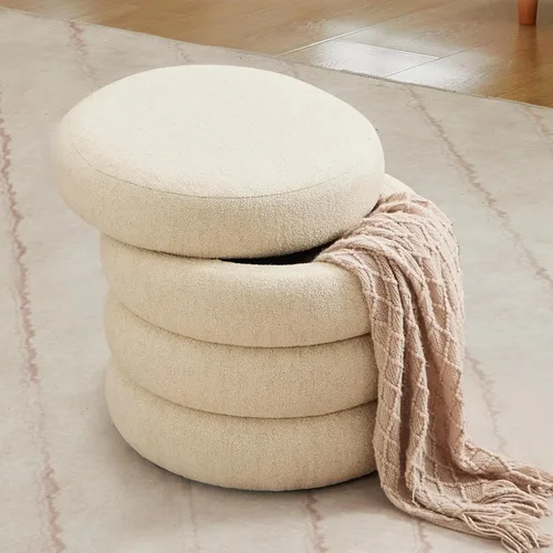 ONEVOG Otomana redonda de almacenamiento, mesa otomana pequeña de 20 pulgadas con tapa extraíble, taburetes de tela de lino suave para sofá, asiento