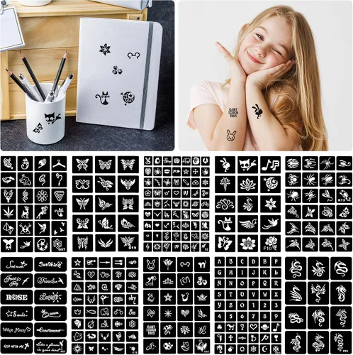 Miniatura 2 de 16 hojas de plantillas de tatuaje de henna reutilizables para mujeres, niñas y niños, más de 220 plantillas de tatuaje, plantilla de tatuaje