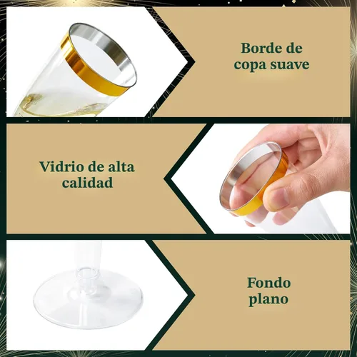 Miniatura 7 de FOCUSLINE Paquete de 100 Copas de Champán de Plástico, Copas de Champán de Plástico con Borde Dorado de 4.5 Onzas, Copas Transparentes Desechables