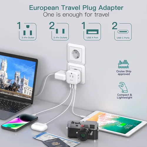 Miniatura 2 de Paquete de 2 adaptadores de enchufe de viaje europeos, adaptador de enchufe de Estados Unidos a Europa con 3 tomas de corriente, 3 puertos de carga