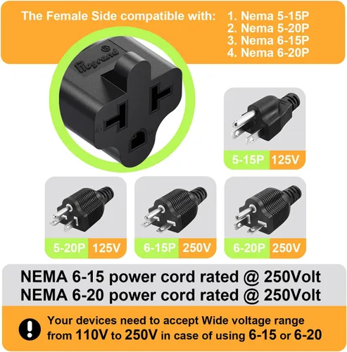Miniatura 3 de [4 en 1] Enchufe de CA doméstico de 15 amperios a adaptador de hoja T de 20 amperios, 5-15P a 5-15R/5-20R /6-15R / 6-20R, adaptador de corriente