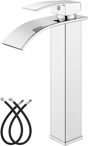gotonovo - Grifo tipo cascada alto para baño, grifo de baño de una sola manija para lavabo de 1 agujero, grifo de lavabo de acero inoxidable