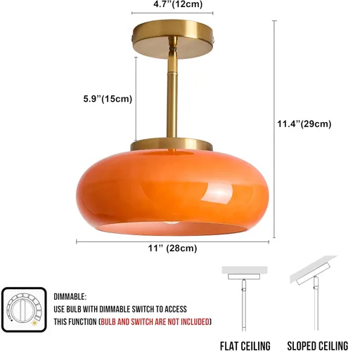 Miniatura 2 de FCTWAKS Lámpara de techo semiempotrada dorada moderna de 11 pulgadas con pantalla de cristal naranja, lámpara de mediados de siglo para pasillo