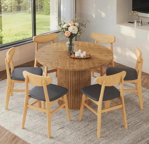 Miniatura 6 de Mesa de comedor redonda para 4-6, mesa de comedor negra con tablero de madera de 42'' y base de pedestal cilíndrico, mesa de cena redonda