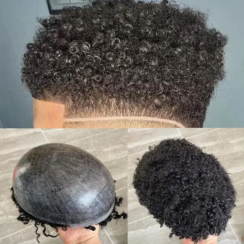 Miniatura 16 de SIMBEAUTY Cabello humano Remy indio 360 ondulado, 0.394 pulgadas, base de piel de tupé rizado, 10 x 8 pulgadas, para hombres negros con sistema