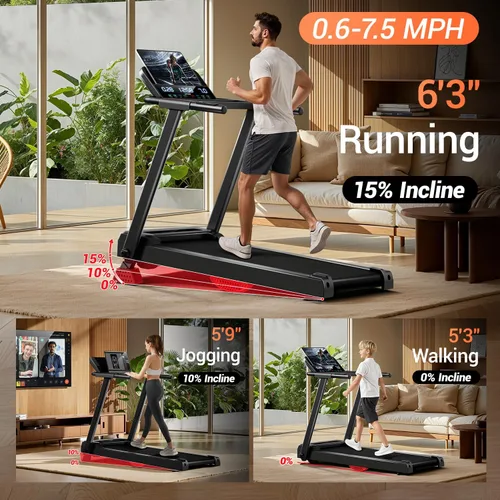 Miniatura 7 de UMAY 15% Incline Treadmill for Home Heart Rate Monitoring & 3 LED Screens, Portable Treadmills Up to 300Lbs Capacity, Walking Pad 0.6-7.5MPH