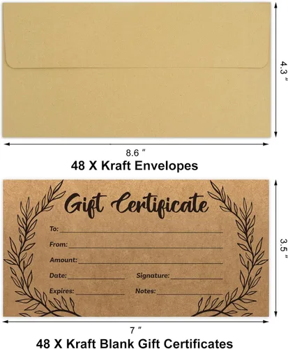 Miniatura 2 de 48 piezas de certificados de regalo en blanco, tarjetas de certificado de papel kraft con 48 piezas de sobres para negocios, salones, restaurantes
