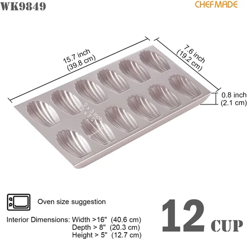 Miniatura 2 de CHEFMADE Molde Madeleine, molde para pastel, 12 cavidades, antiadherente, ovalado, concha Madeline, juego de utensilios para hornear para el horno