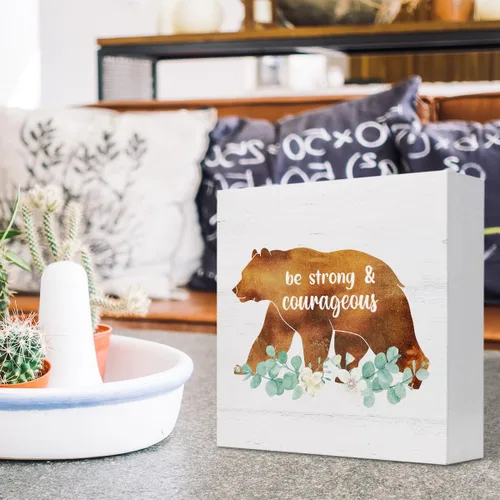 Miniatura 5 de Letrero de madera de animales del bosque, letrero de madera de oso con texto en inglés «Be Strong and Courageous», decoración de escritorio