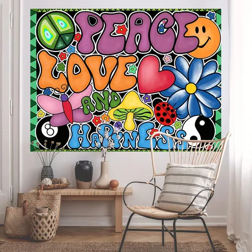 Miniatura 7 de Yanikki Tapiz de pared con signo de paz hippie de 50 x 60 pulgadas, diseño retro de los años 70 para colgar en la pared, decoración bohemia estética