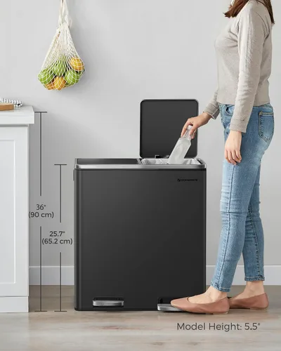 Miniatura 7 de SONGMICS Bote de basura, 2 botes de basura de 8 galones (2 x 30 L) para cocina, con 15 bolsas de basura, 2 compartimentos, cubos interiores de Negro