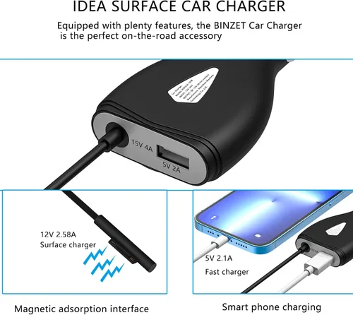 Miniatura 3 de Surface - Cargador de coche, 70 W, 15 V, 4 A, fuente de alimentación para Microsoft Surface Pro 5/Pro 6/Pro 7/Pro 8/Pro X, Surface Book, Surface Go