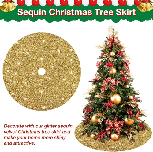 Miniatura 4 de Faldón para árbol de Navidad con lentejuelas doradas brillantes de 21 pulgadas, faldón de terciopelo con lentejuelas para árboles delgados, collar