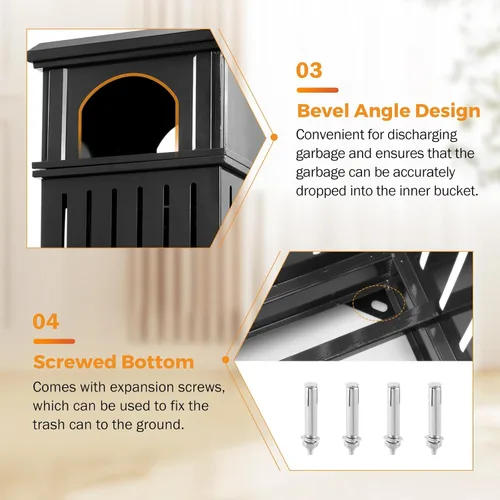 Miniatura 6 de BEAMNOVA Cubo de basura negro para exteriores, bandeja superior de acero inoxidable con tapa de bloqueo, contenedor de basura industrial resistente